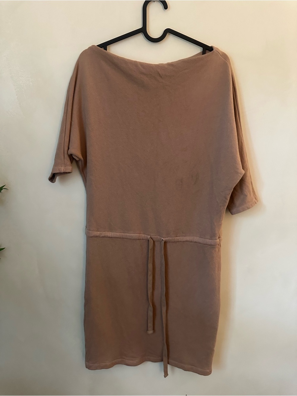 Enza Costa Taupe Sweater Mini Dress Off the Shoulder XS drawstring *stains